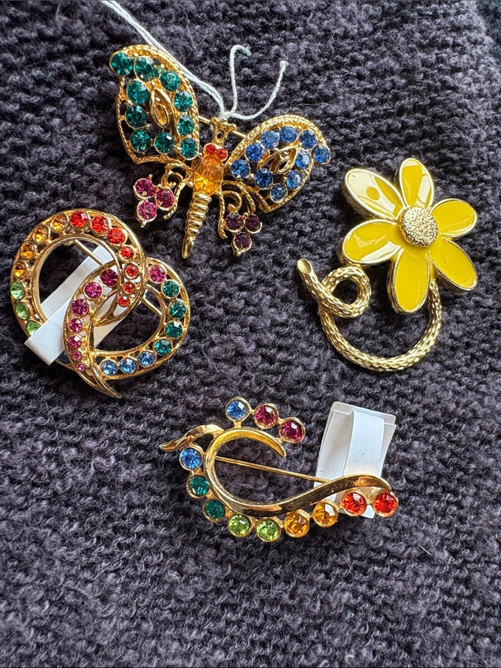 Gold-Tone Multicolor Crystal Brooch Collection - Butterfly, Flower & Swirl Pins